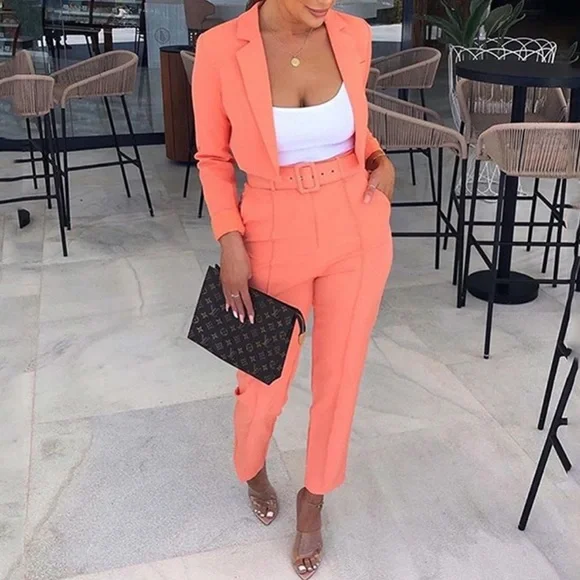 Orange two piece suit blazer + belted pants - Picture 3 of 6